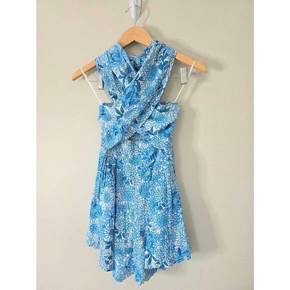 Petal & Pup LeLe Halter Romper Size XS Blue Floral Rayon Linen Blend NEW - Picture 4 of 8